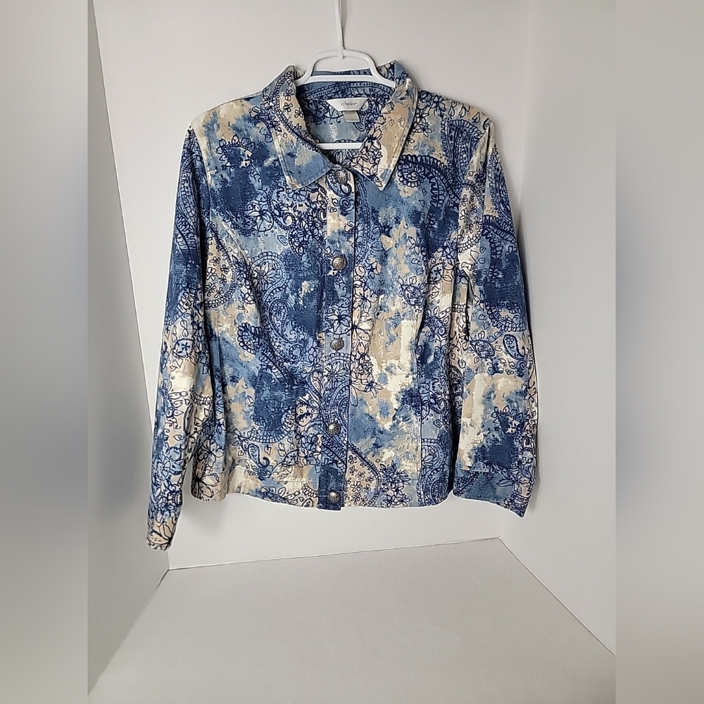 CJ Banks Women's Tan White Blue Balck Button Up Denim Jacket, 1X - Picture 1 of 10